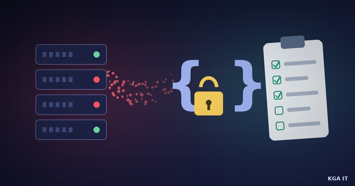Ilustração abstrata: servidores com pontos de dados vazando, chaves de API com cadeado e uma lista de verificação de segurança