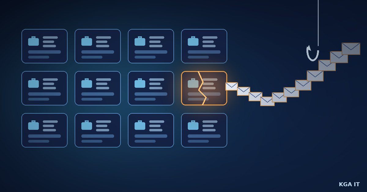 Ilustração abstrata: cartões de vagas de emprego em uma grade e envelopes de e-mail escapando por uma fresta, com um anzol de phishing ao fundo