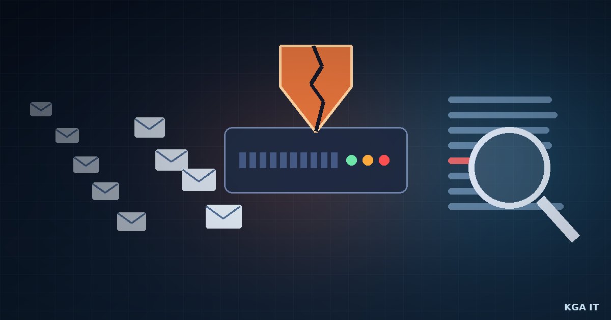Ilustração abstrata: e-mails entrando em um gateway com escudo rachado e uma lupa sobre linhas de log