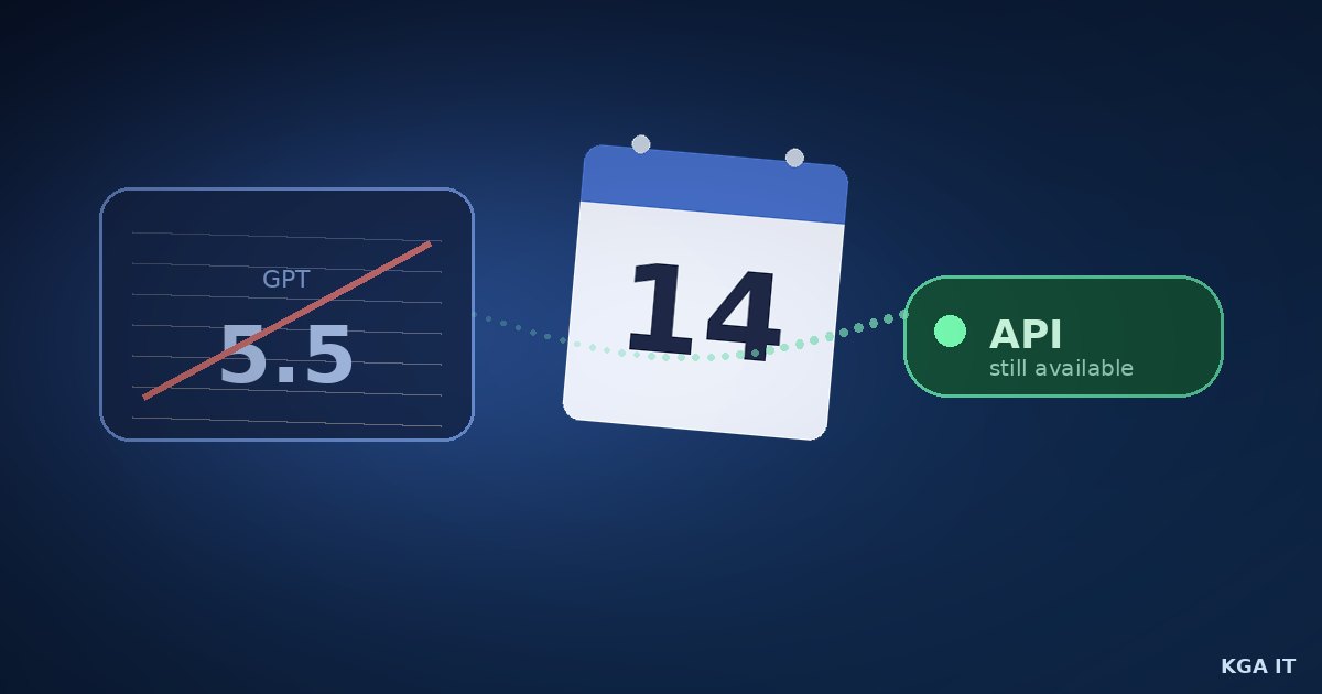 Ilustração abstrata: chip do modelo GPT-5.5 riscado, calendário marcando o dia 14 e um selo verde indicando que a API continua disponível